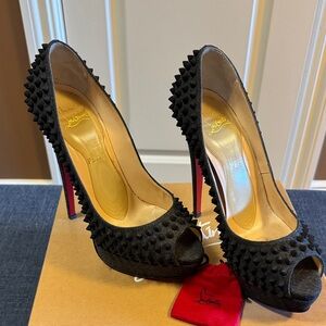 Christian Louboutin Lady Peep Spikes 150 Grey/Black Floque Peep Toe Heels